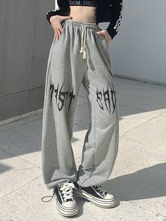 Punk Letter Print Straight Leg Sweatpants Straight Leg Sweatpants, Sweatpants Black, Pockets Design, Casual Sporty, Vintage Fabric, Straight Leg Pants, Letter Print, Bottoms Pants, Letter Prints