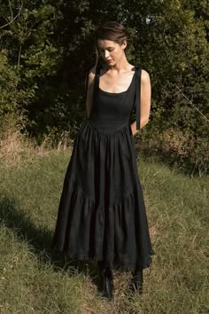 Of Her Own Kind Dress, Whimsigoth Black Dress, Spring Black Tie Dress, Tied Back Dress, Gothic Summer Dress, Black Cottage Core Dress, Cottagecore Outfits Black, Casual Black Wedding Dress, Black Linen Dress Outfit Summer