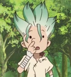 a cartoon character with green hair standing in front of trees