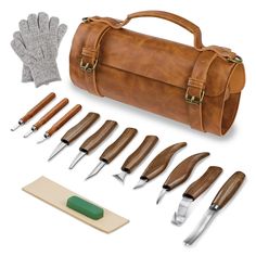 a leather tool bag with seven different tools in it, including gloves and other accessories