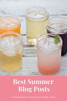 four different types of drinks in mason jars with text overlay that says 7 easy shrub recipes