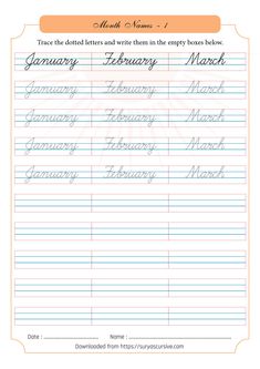 the january to november calendar with handwriting and cursive writing in orange, white and blue