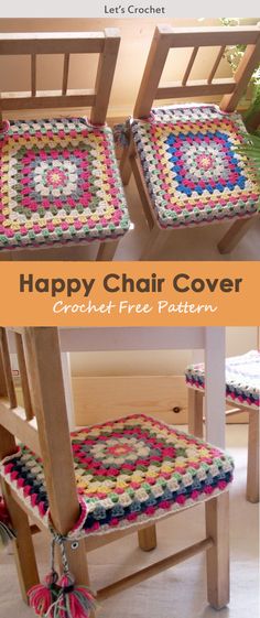 two crocheted chairs with the words happy chair cover on them