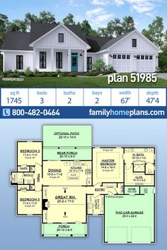 two story house plan with 3 car garage and living room in the front, an open floor