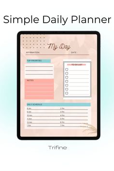 a simple daily planner is shown on a tablet screen with the text, simple daily planner