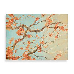 an abstract painting of red flowers on a tree branch with blue sky in the background