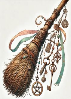 a broom with many charms attached to it