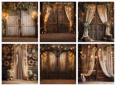 four different pictures of curtains and lights in front of a wooden door with wreaths on it