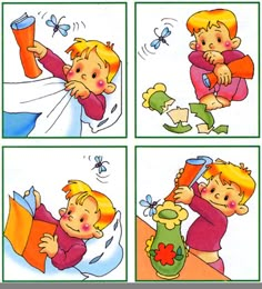 there are four pictures of a child brushing his teeth