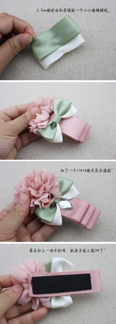 three pictures showing how to make a flower hair clip with ribbon and satin bow on it