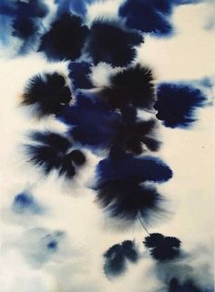 an abstract painting of blue and white clouds in the sky with black leaves on it