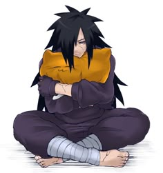 an anime character sitting on the ground with his arm wrapped around him