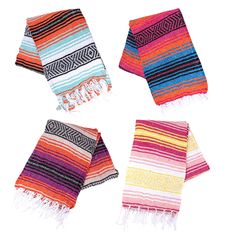 four multicolored scarves with fringes on them