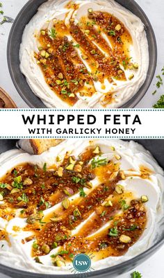 whiped feta with garlic and honey in a skillet