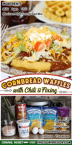 an advertisement for cornbread waffles with chili and fries