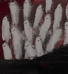 an abstract painting with white ghost hands in red and black