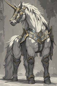 an image of a white unicorn with horns and armor standing in front of some trees