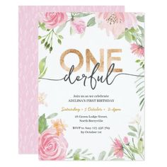 a pink and gold floral birthday party with the word one affil on it