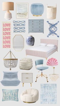 a collage of blue and white furniture with pink accents on the walls, including a bed