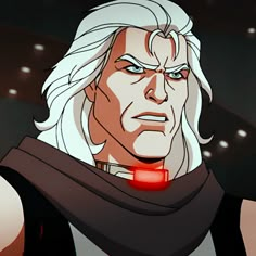 an animated image of a man with white hair wearing a red light on his neck