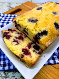 two slices of blueberry bread on a white plate