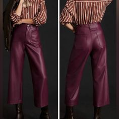 Stand Out In Style With These Beautiful Violet Color Wide-Leg Pants! Front And Back Patch Pockets And Button & Zip Closure! Faux Leather Coated Viscose & Elastane Fabric! Waist 12” Hips 17” Inseam 29” Size 24 Tall Nwt! Check Out My Other Listings Including: #Free People# Zara # Farm Rio #Anthropologie # Sezane #35031623 Formal Pants Sophisticated Pants Evening Pants Dinner Pants Cocktail Pants Semi Pants Weding Guest Pants Designer Pants Spring Pants Summer Pants Twee Chic Regency Glam Emily In Purple Leather Pants, Fitted Fall Leather Ankle-length Pants, Purple Faux Leather Pants, Chic Ankle-length Faux Leather Pants, Evening Pants, Anthropologie Maeve Pants, Spring Pants, Designer Pants, Faux Leather Coat