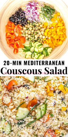 two pictures with the words 20 min mediterranean couscous salad in it and an image of