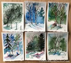 six watercolor paintings of trees in the snow