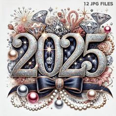 the new year's card is decorated with pearls and jewels