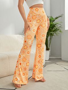 Multicolor Casual Collar  Fabric Floral,All Over Print Flare Leg Embellished Slight Stretch Spring/Summer/Fall Women Clothing Boho Mode, Flower Pants, Stil Boho, Mode Boho, Skirt And Sneakers, Black Halter Dress, High Waist Fashion, Flare Leg Pants, Bell Bottom Pants