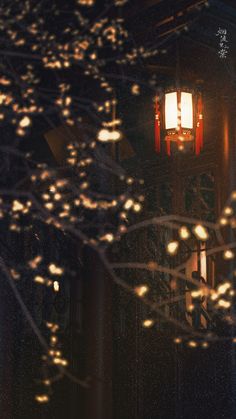 a street light is seen through the branches of a tree in front of a building