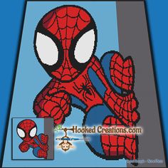 an image of a spiderman in the middle of a cross stitch pattern on a blue background