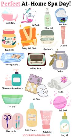 Spa Things To Do At Home, Things For Skin Care, At Home Spa Day Essentials, Things To Do On A Spa Day At Home, Spa Routine At Home, Self Care Day List, Self Care Day At Home, Things To Do When At Home, At Home Self Care Day