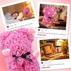 pink teddy bear made out of flowers on top of a bed next to two photos