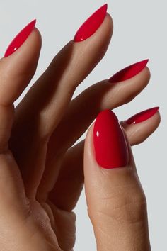 Narrow Oval Nails, Regular Polish Manicure, Red Nails On Pale Skin, Pointy Red Nails, Red Nail Shades, Classy Nails Red, Short Red Square Nails, Red Sns Nails