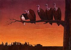 four vultures sitting on a tree branch in front of a city skyline at sunset