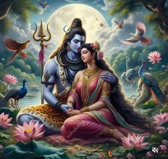 a painting of lord and goddess sitting on the ground