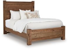 a wooden bed with white sheets and pillows on it's headboard, against a white background