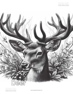 a black and white drawing of a deer with antlers on it's head