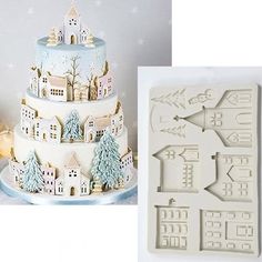 a cake that is next to a frosting moulder with houses and trees on it