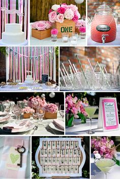 a collage of photos with pink and white decorations