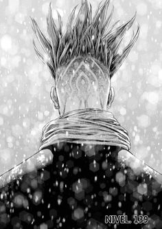 the back of a man's head with snow falling around him and his hair sticking out