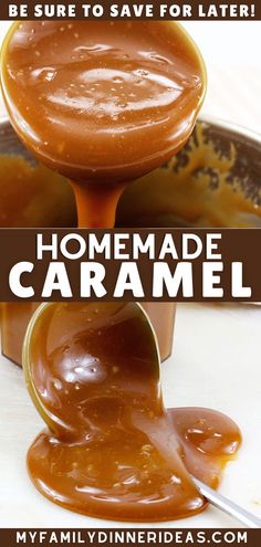 homemade caramel sauce is being drizzled on the spoon