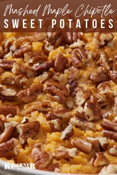 a casserole dish with sweet potatoes and pecans