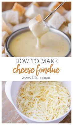 how to make cheese fondue in a white bowl with text overlay that reads, how to make cheese fondue