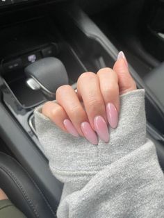 Pink Natural Almond Nails, Pastel Pink Acrylics, Long Almond Pink Nails, Milky Pink Nails Acrylic Almond, Plain Almond Acrylic Nails, Almond Shape Nails Ideas, Sheer Pink Almond Nails, Oval Nails With Glitter, Plain Acrylic Nails Almond