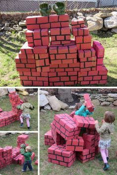 two children playing with red bricks in the yard, and one child climbing on top of it