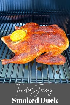 there is a chicken that has been cooked on the grill with lemons and spices