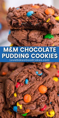 chocolate m & m pudding cookies stacked on top of each other with the words, m & m chocolate pudding cookies