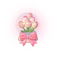 there is a snow globe with pink tulips in it and a bow on the front